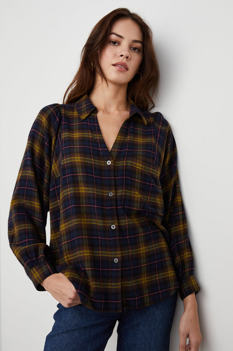 Rails Top Size 2024 Large Angelica Button Plaid Flannel Marine Pink Puff Sleeve NWT