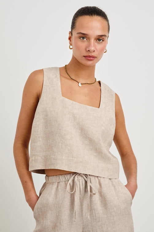 Akira relaxed fit linen crop top with wide straps in Heathered Flax - front view on model