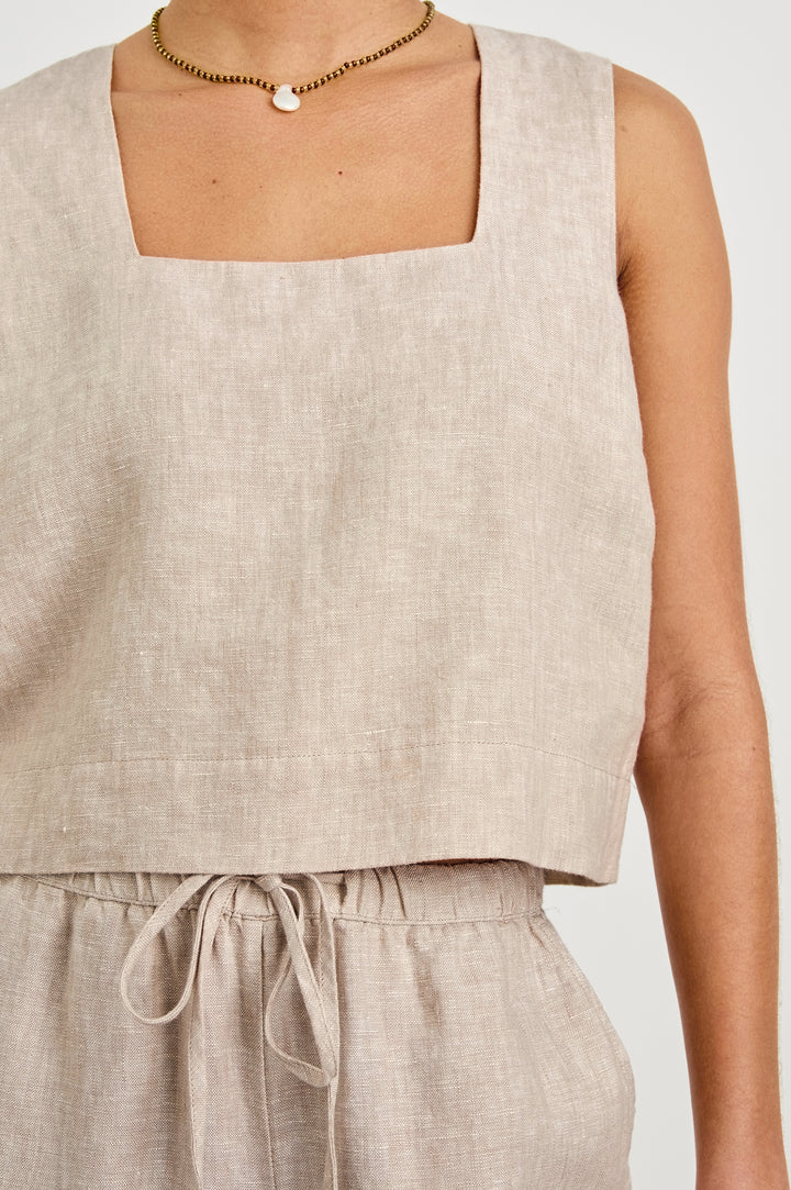 Akira relaxed fit linen crop top with wide straps in Heathered Flax - close up of details on model