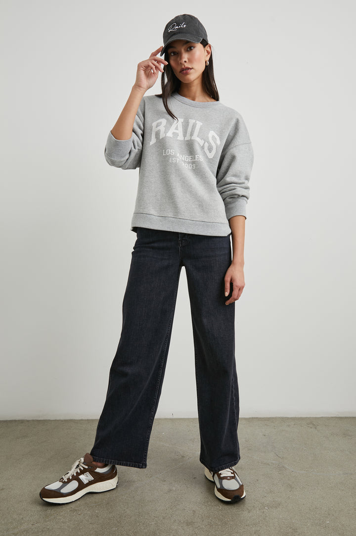 Anniversary Sweatshirt with Crewneck, Text States, Rails Los Angeles Est 2009, in Heather Grey Colorway with White Letters - Front Full Body View Featured on Model 