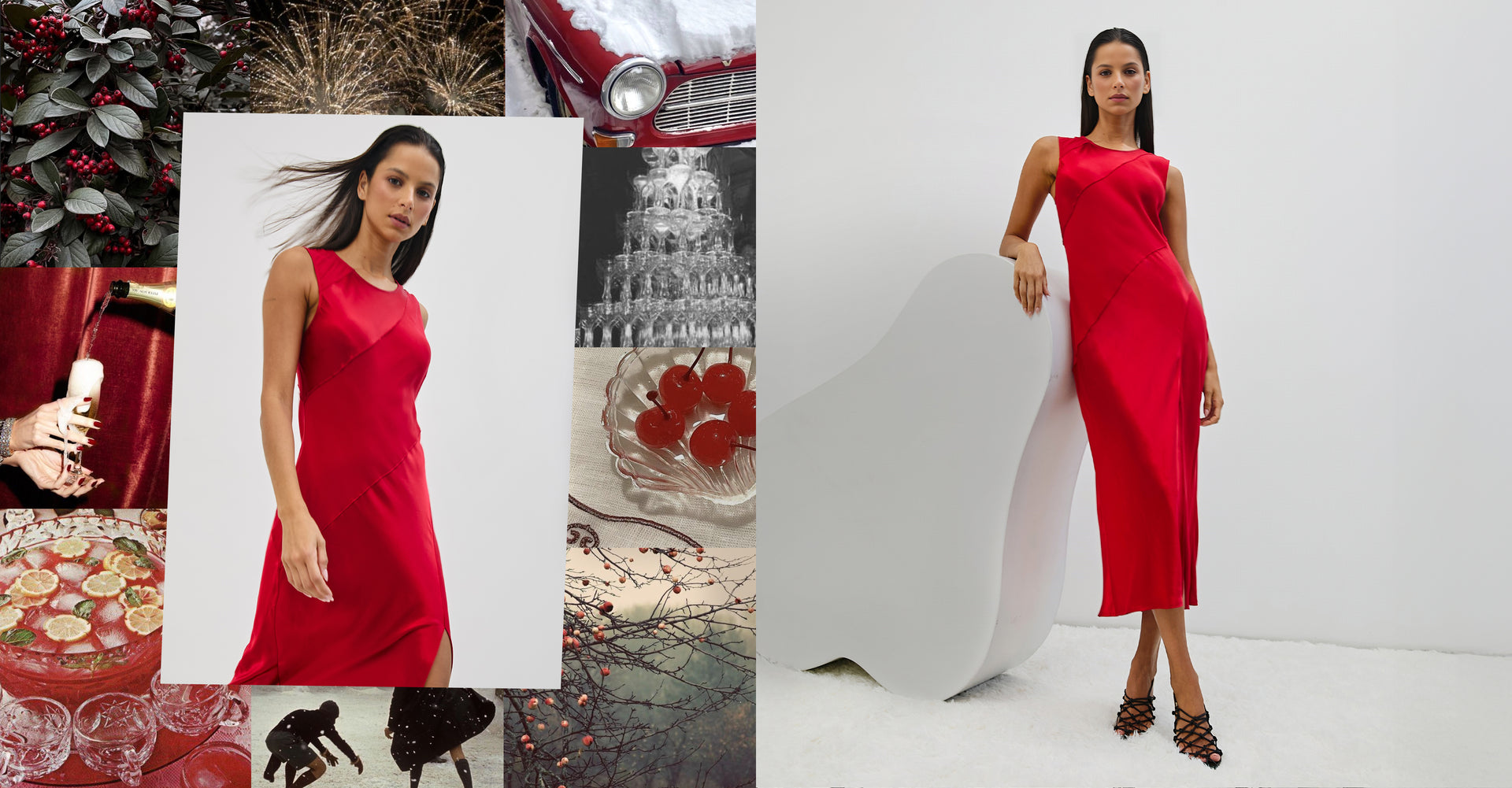 TWO SIDE BY SIDE EDITORIAL IMAGES OF MODEL WEARING SANYA DRESS IN SCARLET