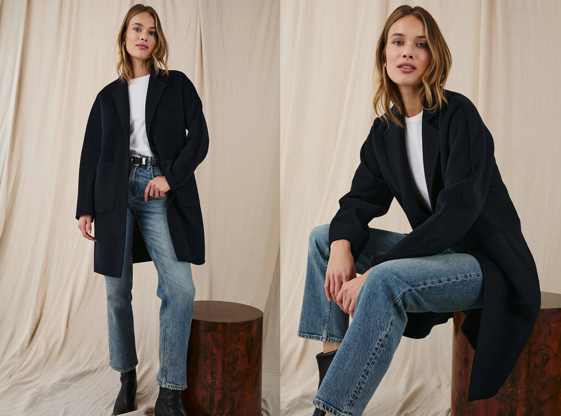 TWO SIDE BY SIDE IMAGES OF MODEL WEARING NAVY EVEREST COAT AND TOPANGA STRAIGHT JEANS