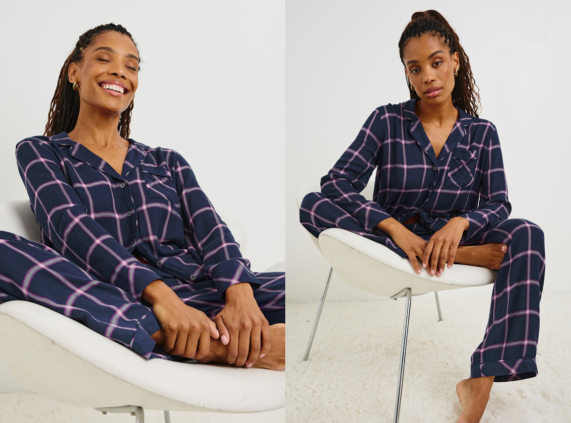 TWO SIDE BY SIDE EDITORIAL IMAGES OF MODEL WEARING LUNA PAJAMA SET