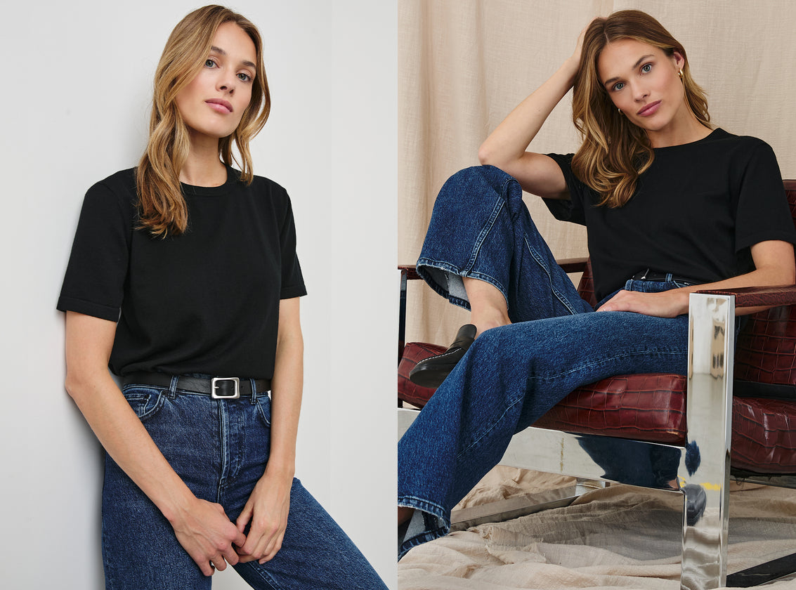 TWO SIDE BY SIDE EDITORIAL IMAGES OF MODEL WEARING COTTON CASHMERE TEE