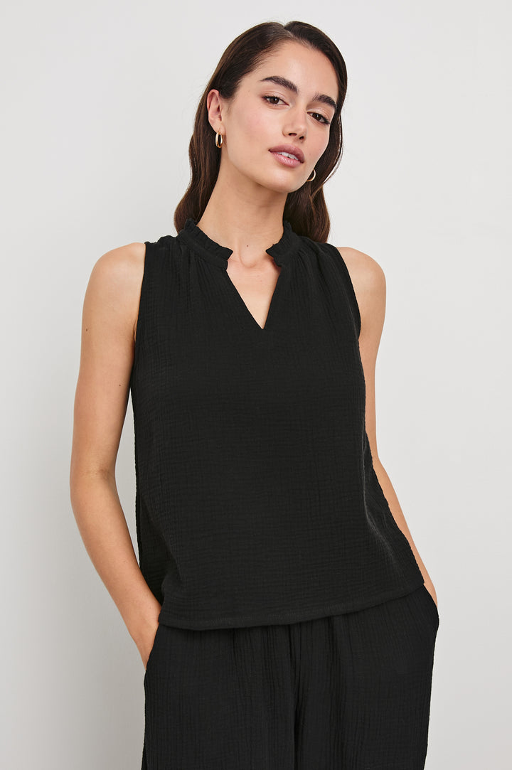 Christy Cotton Gauze Sleeveless Top with Collared V-Neck In Colorway Black - Front View Featured On Model