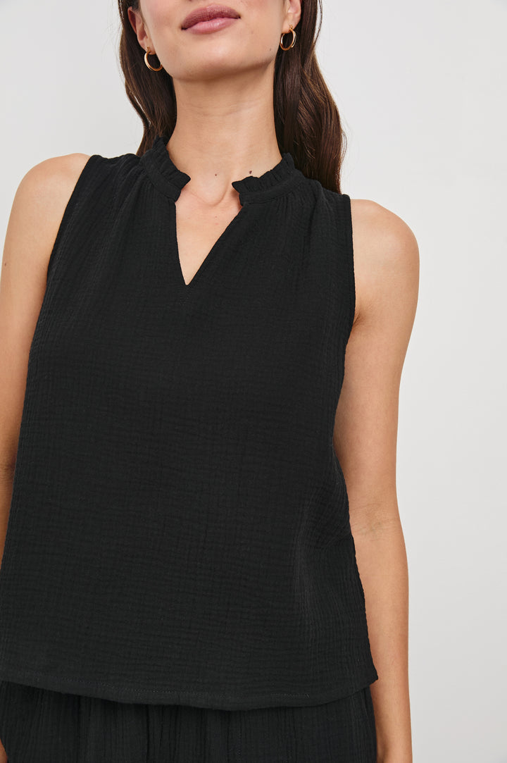 Christy Cotton Gauze Sleeveless Top with Collared V-Neck In Colorway Black - Detail View Featured On Model