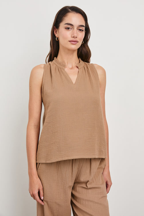 Christy Cotton Gauze Sleeveless Top with Collared V-Neck In Colorway Taupe - Front View Featured On Model