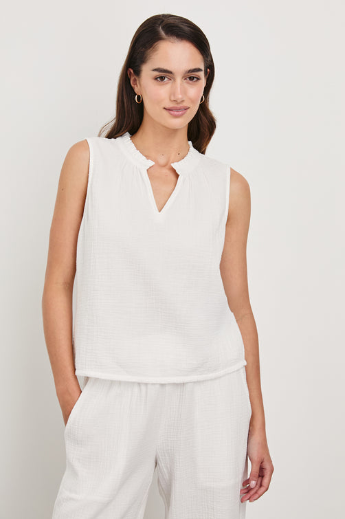 Christy Cotton Gauze Sleeveless Top with Collared V-Neck In Colorway White - Front View Featured On Model