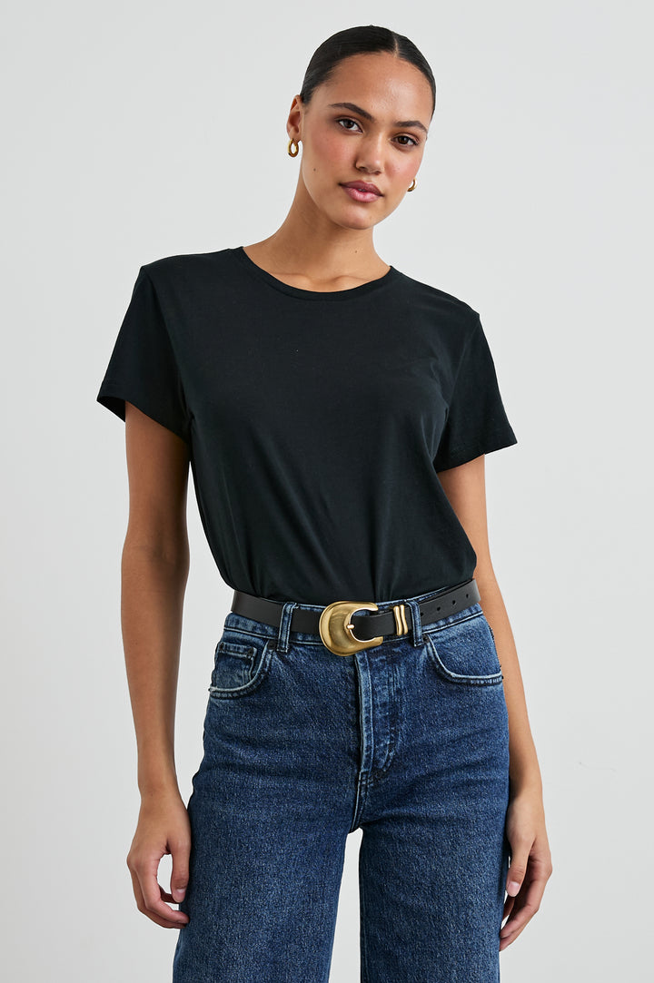 Classic Short Sleeve Crew Neck T-Shirt in Black Colorway - Front Tucked View Featured on Model