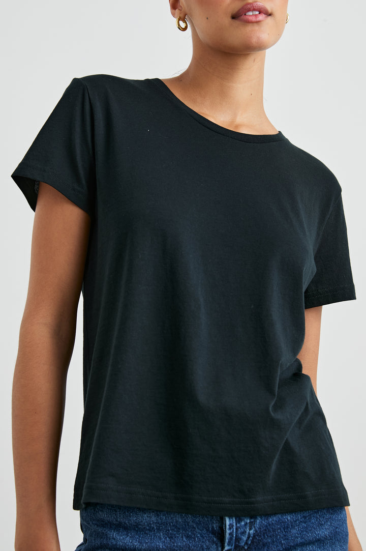 Classic Short Sleeve Crew Neck T-Shirt in Black Colorway - Front View Featured on Model