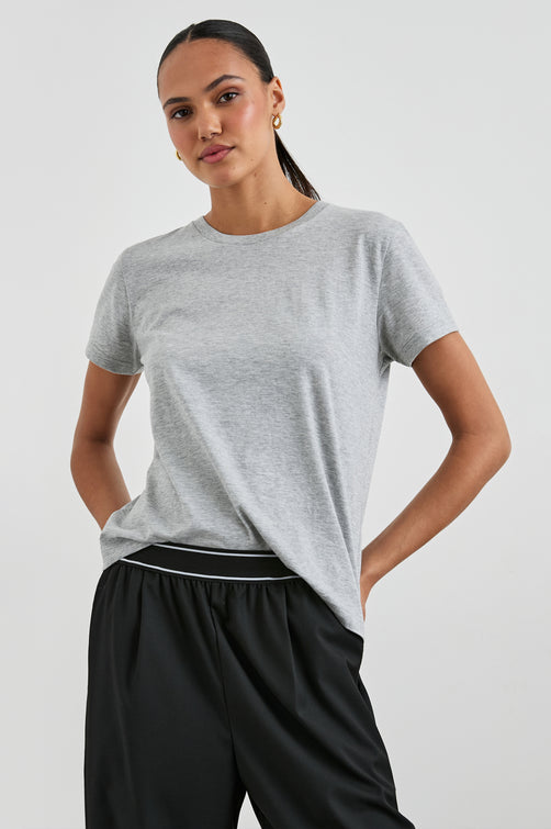 Classic Short Sleeve Crew Neck T-Shirt in Heather Grey Colorway - Front Tucked View Featured on Model