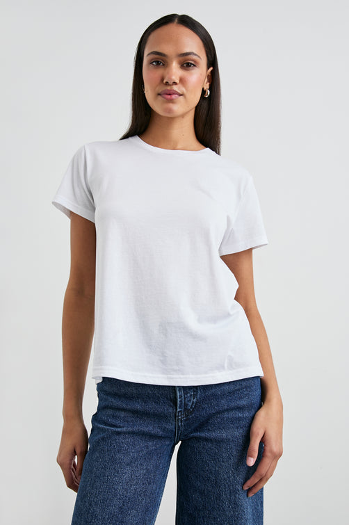 Classic Short Sleeve Crew Neck T-Shirt in White Colorway - Front View Featured on Model