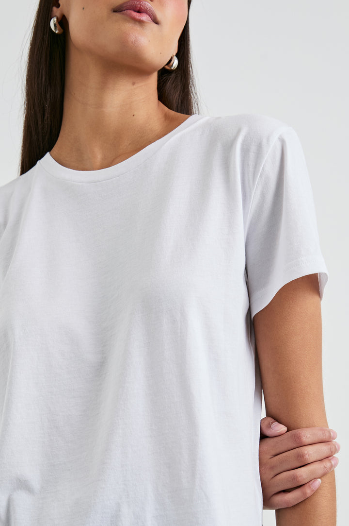 Classic Short Sleeve Crew Neck T-Shirt in White Colorway - Front View Featured on Model