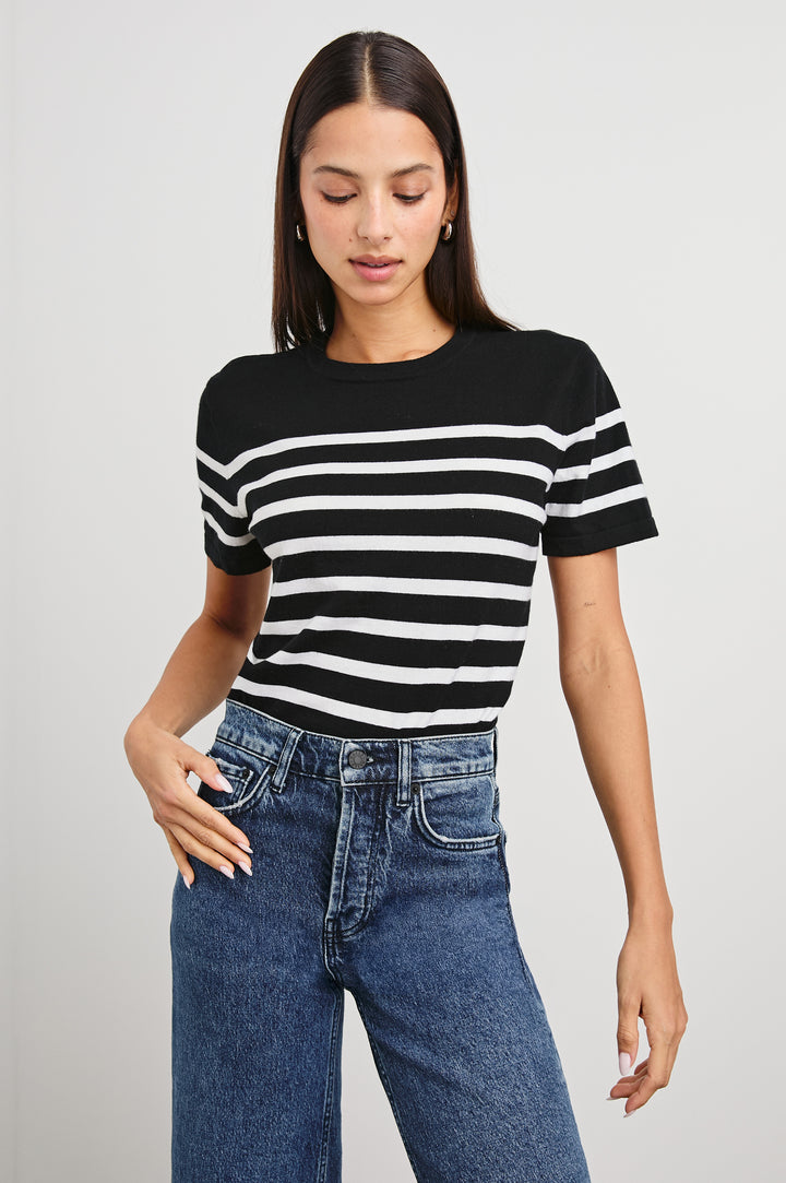 Cotton Cashmere T-shirt with Crew Neckline in Parisian Stripe Colorway with Horizontal Black and White Stripes and Solid Black at the Top - Front View Featured On Model