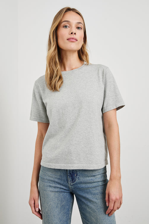 Cotton Cashmere T-shirt with Crew Neckline in Heather Grey Colorway - Front Untucked View Featured On Model