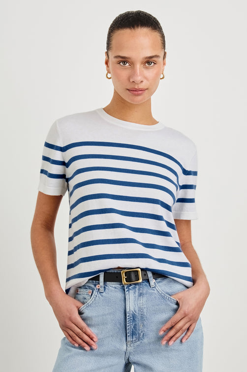 Cotton Cashmere Short Sleeve crew neck T-Shirt in Sailor Stripe - Front view on model tucked in with belt