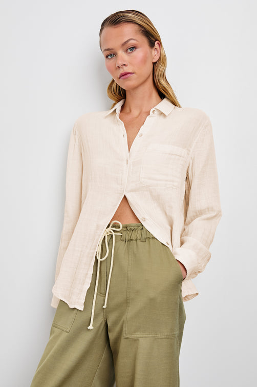 Ellis Long-Sleeve Button Down with Chest Patch Pocket in Birch Colorway - Front Untucked View Featured on Model