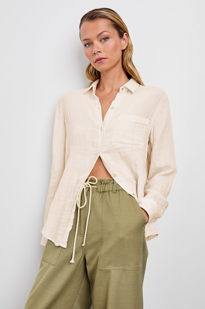 Ellis Long-Sleeve Button Down with Chest Patch Pocket in Birch Colorway - Front Untucked View Featured on Model