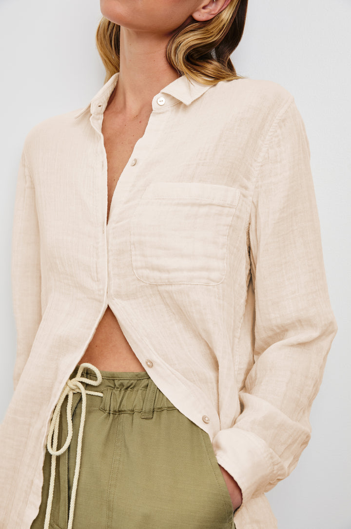 Ellis Long-Sleeve Button Down with Chest Patch Pocket in Birch Colorway - Front Untucked View Featured on Model