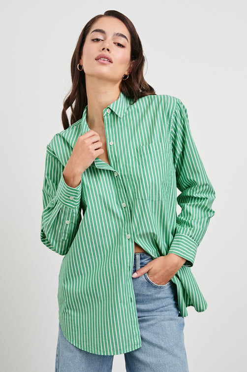 Elsa Oversized Long Sleeve Button Down Shirt With Collar And Cuffs In Colorway Kelly White Stripe - Front View Featured On Model