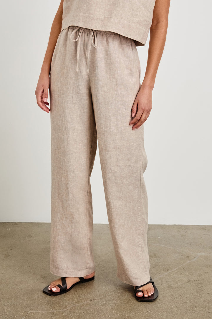 Emmie high rise linen wide leg pant with drawstring in Heathered Flax - front view on model