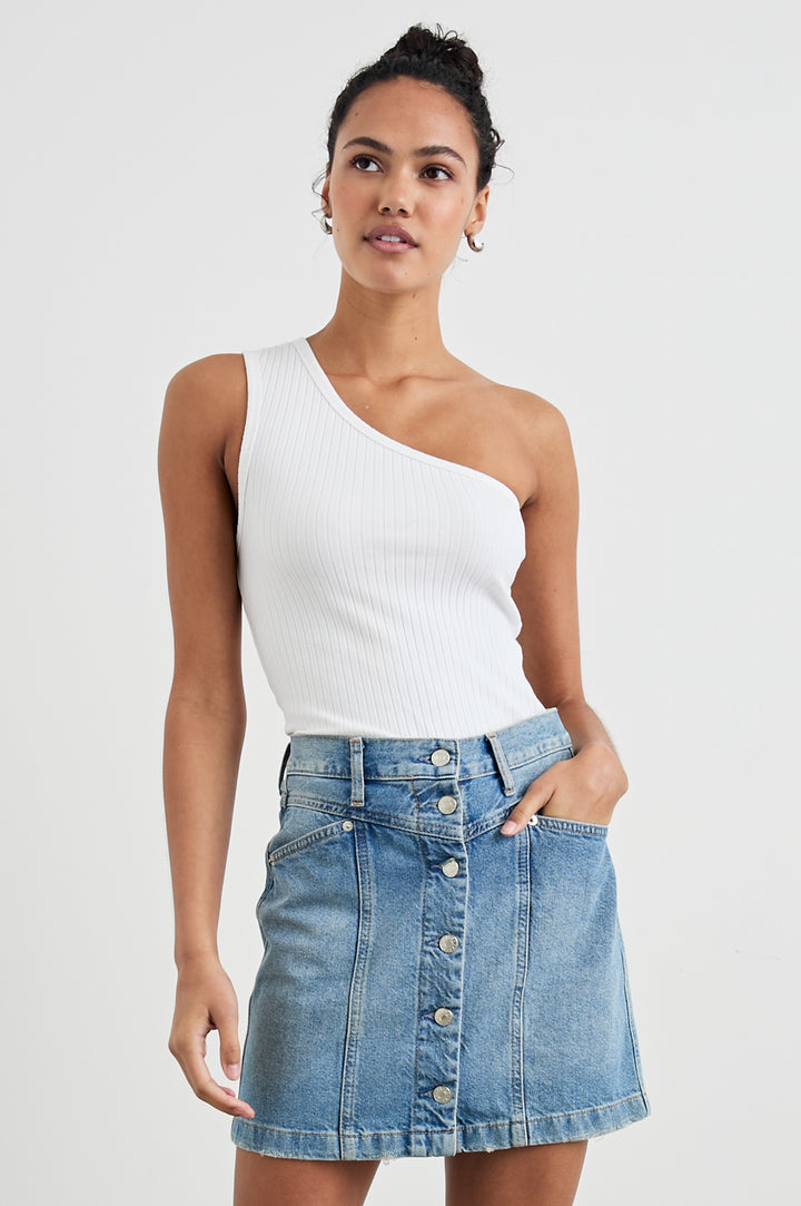 Esti Sleeveless Ribbed Top with an Asymmetrical Neckline with One Strap in White Colorway - Front Tucked View Featured on Model