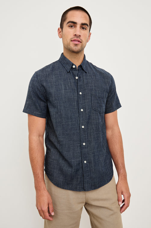 Fairfax short sleeve button up shirt with collar in Navy Etch - front view on model