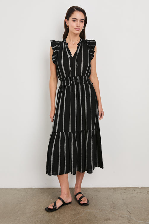 Garden Midi Dress with Flutter Cap Sleeves, Drawstrings at V-Neck and Shirred Waistband in Ash Leno Stripe Colorway, with Grey Vertical Stripes on Black - Front Full Body View Featured on Model