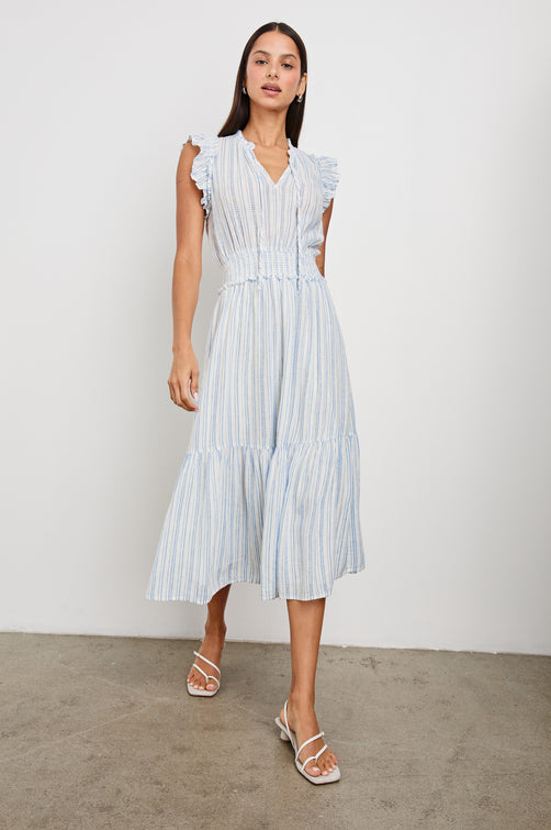 Garden Midi Dress with Flutter Cap Sleeves, Drawstrings at V-Neck and Shirred Waistband in Sonoma Stripe Colorway, Thin Vertical Blue Stripes on White - Front Full Body View Featured on Model