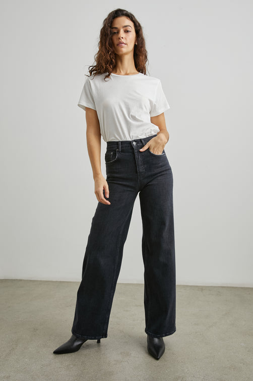 Getty Wide Leg Denim Pants with Belt Loops, Two Front Pockets and Two Back Patch Pockets in Black Pearl Colorway - Front Full Body View Featured on Model