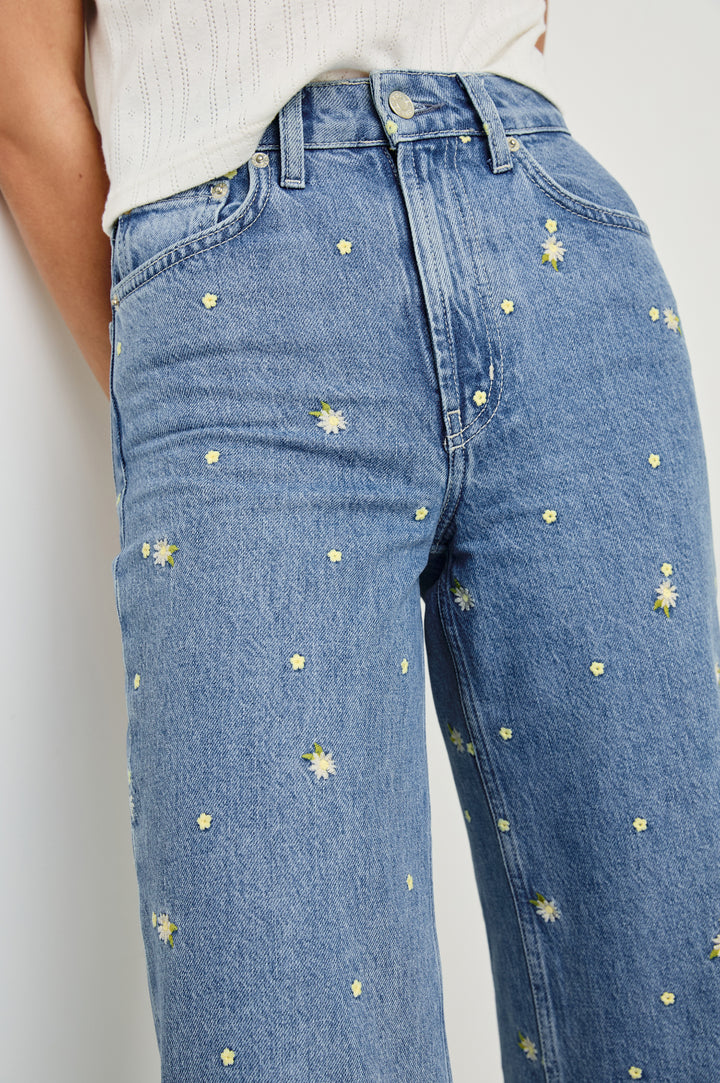 Getty cropped wide leg jean with Indigo Floral detailed embroidery - close up of details on model