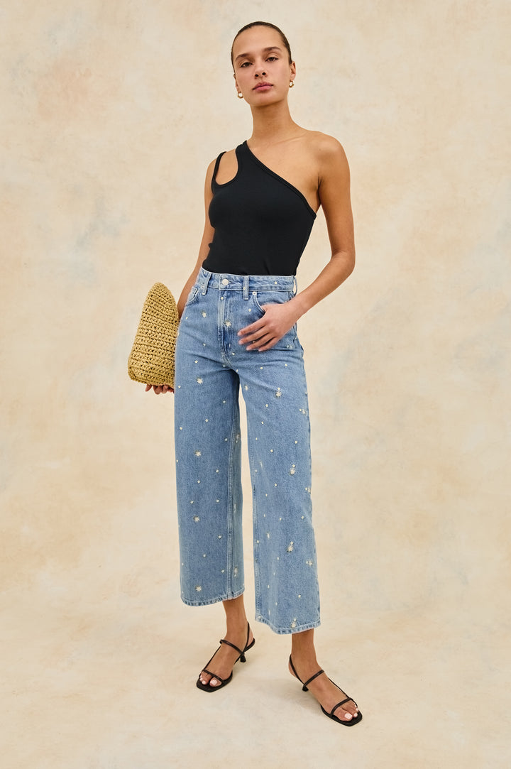 Getty cropped wide leg jean with Indigo Floral detailed embroidery - stylized full body front view on model