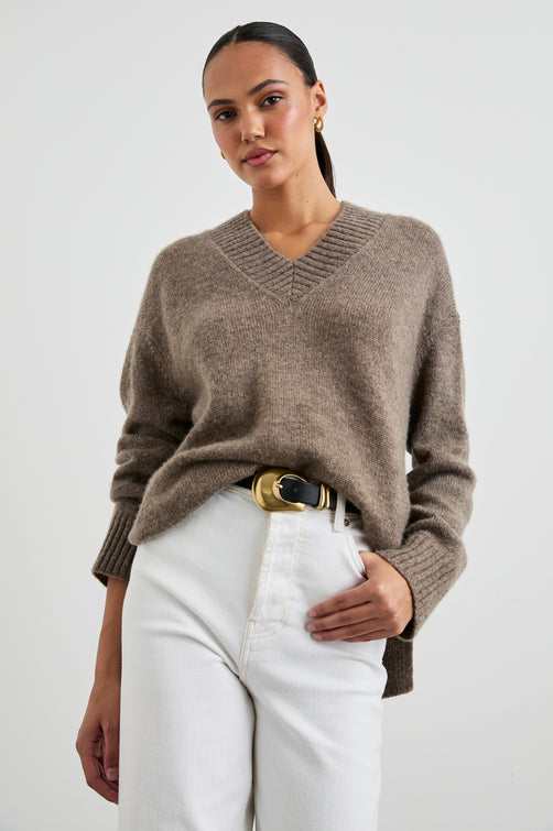 Gisella Long-Sleeve V Neck Sweater with Ribbed Trim and Side Slits in Hazelnut Colorway - Front View Featured on Model