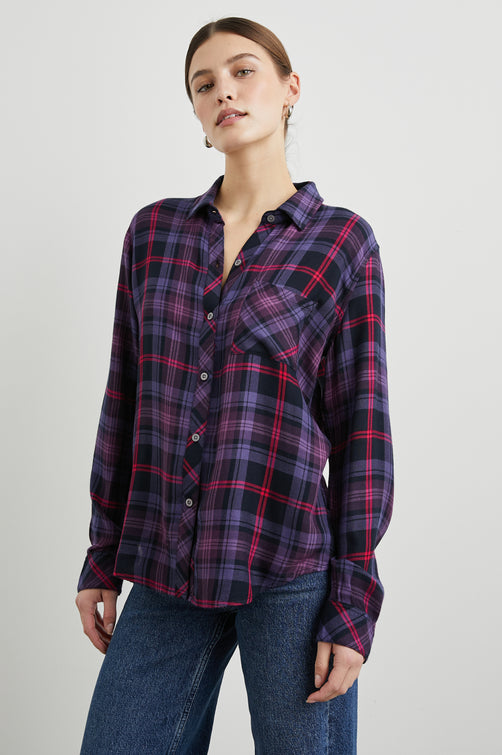 Hunter Long-Sleeve Button Up with a Chest Patch Pocket in Aubergine Magenta Colorway, plaid - Front View Featured on Model