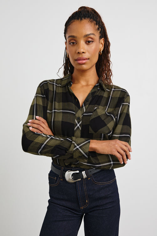 Hunter Long-Sleeve Button Up with a Chest Patch Pocket in Black Olive Ivory Colorway, plaid - Front Tucked View Featured on Model