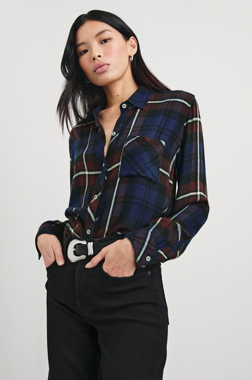 Hunter Long-Sleeve Button Up with a Chest Patch Pocket in Chestnut Birch Navy Colorway, plaid  - Front Tucked View Featured on Model