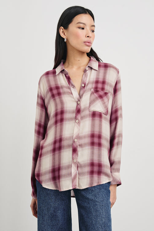 Hunter Long-Sleeve Button Up with a Chest Patch Pocket in Faded Plum Ivory Colorway, plaid  - Front View Featured on Model