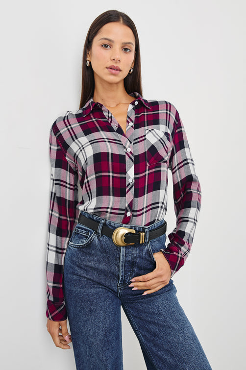 Hunter Long-Sleeve Button Up with a Chest Patch Pocket in Lychee Navy White Colorway, plaid - Front Tucked View Featured on Model