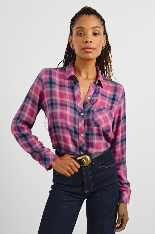 Hunter Long-Sleeve Button Up with a Chest Patch Pocket in Magenta Stone Blue Colorway, plaid  - Front Tucked View Featured on Model