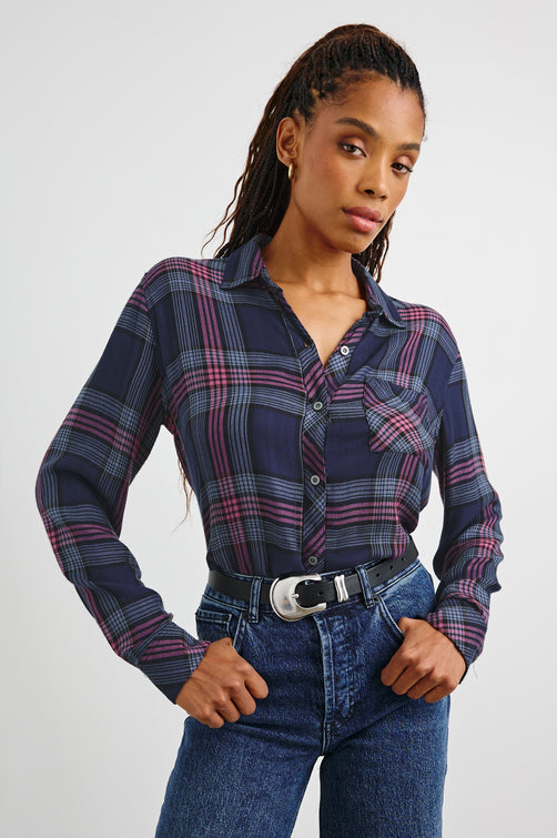 Hunter Long-Sleeve Button Up with a Chest Patch Pocket in Navy Rose Astor Colorway, plaid  - Front Tucked View Featured on Model