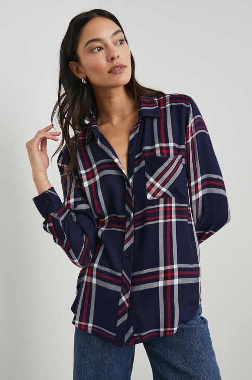 Hunter Long-Sleeve Button Up with a Chest Patch Pocket in Patriot Navy Red Colorway, plaid - Front View Featured on Model