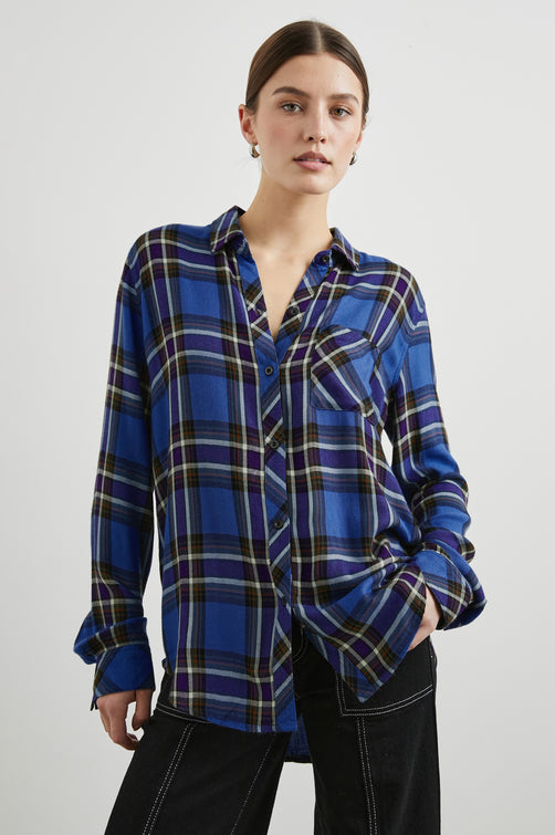 Hunter Long-Sleeve Button Up with a Chest Patch Pocket in Sapphire Indigo Colorway, plaid - Front View Featured on Model