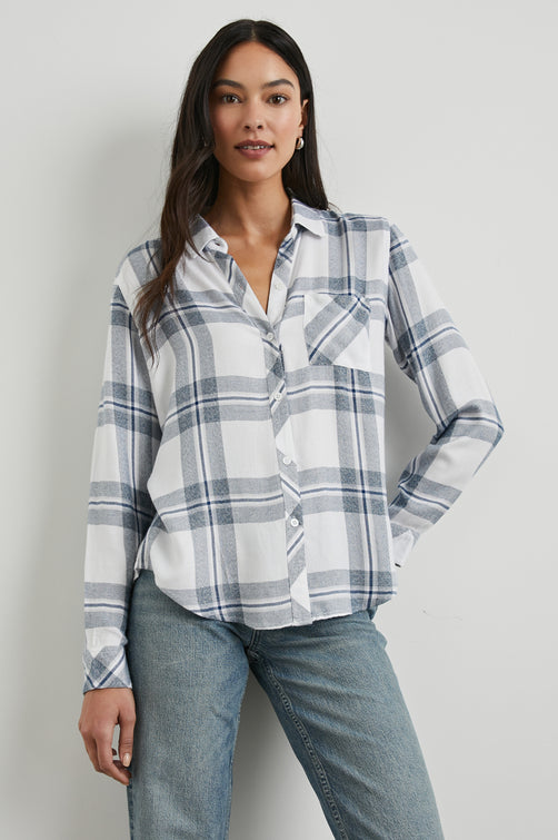 Hunter Long-Sleeve Button Up with a Chest Patch Pocket in Wild Indigo Melange Colorway, Wild Indigo and White plaid - Front View Featured on Model