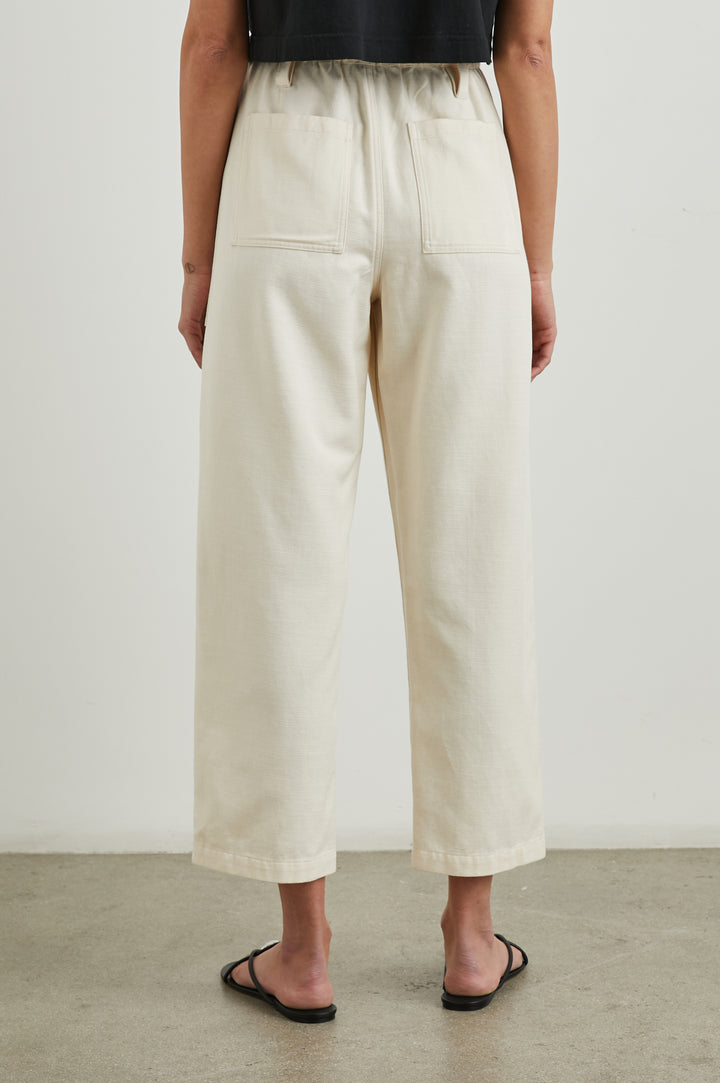 Joss Pants with Belt Loops, Two Large Front Pockets and Two Back Patch Pockets in Ecru Colorway - Back View Featured on Model 