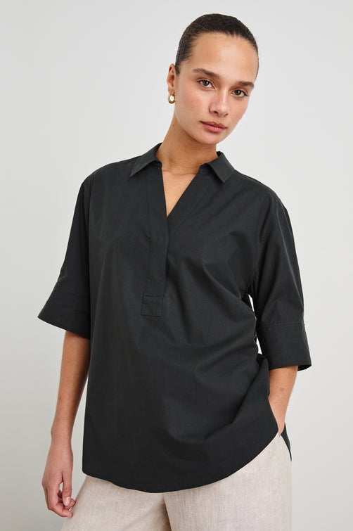 Juda 3/4 Sleeve Top With Front Placket And Collar In Colorway Black - front view on model, untucked