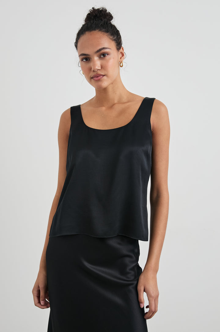 Lexi Tank Top with a Scoop Neck in Black Colorway - Front View Featured on Model 