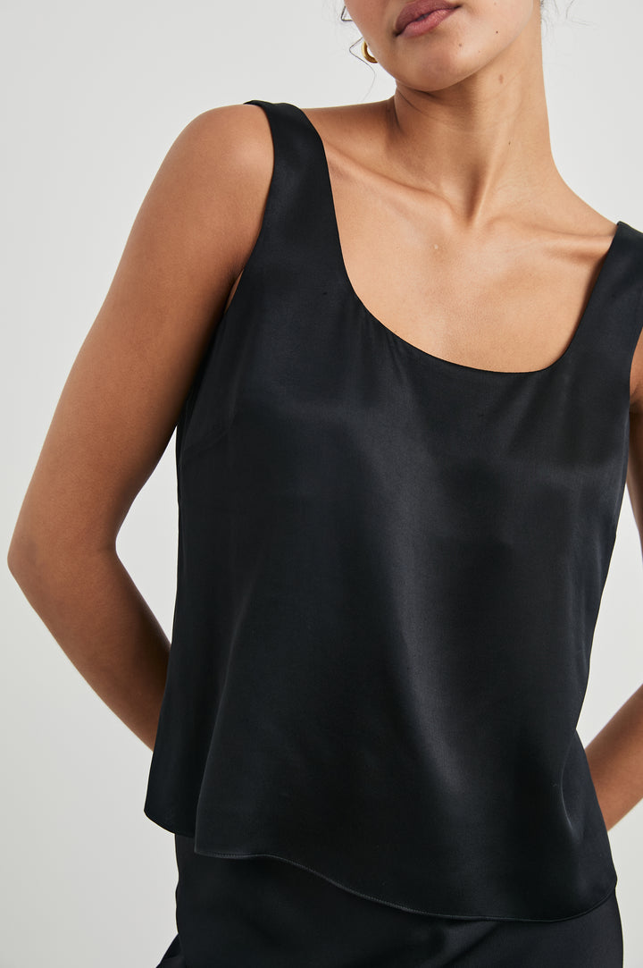 Lexi Tank Top with a Scoop Neck in Black Colorway - Front View Featured on Model 