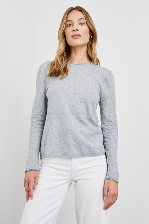 Long Sleeve Crew Neck T Shirt with Raw Hem, Collar and Cuffs in Heather Grey Colorway - Front View Featured on Model