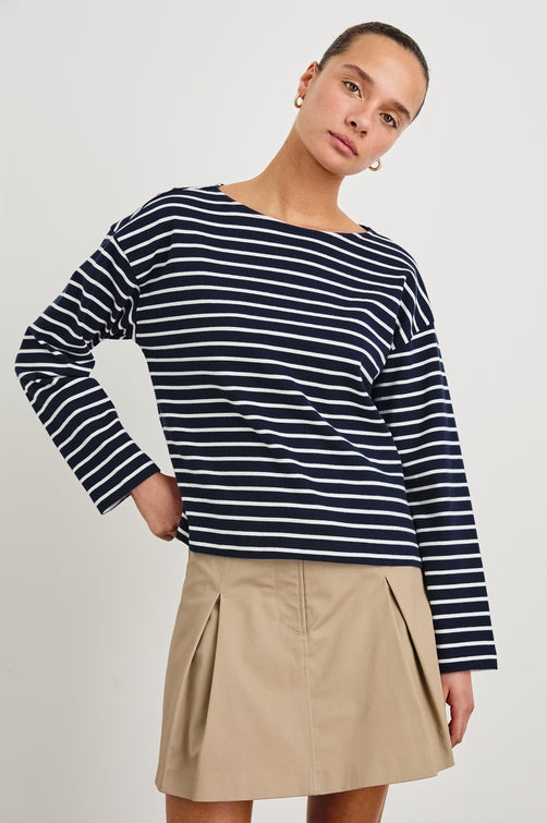 Macy long sleeve shirt with boat neckline and flared long sleeve in Nautical Stripe - front view on model