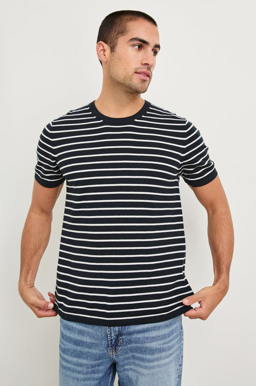 Mason cotton cashmere short sleeve crewneck t-shirt in Nautical Navy Stripe - front view on model